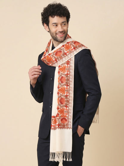 Kashmiri Aari Embroidery Woollen Stole for Men | Off White - view 5
