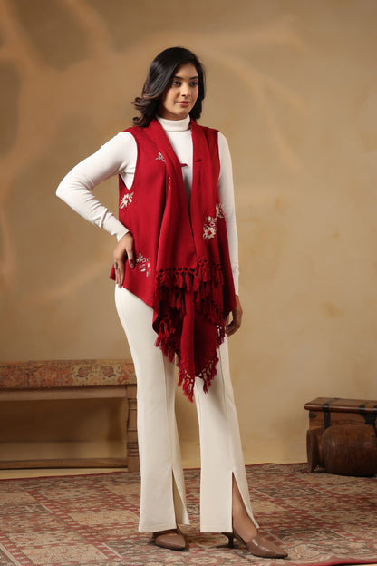 Women's Sleeveless Floral Zari Embroidery Shrug Cardigan | Red