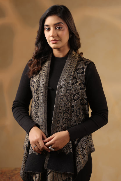 Women's Sleeveless Zari Patterned Shrug Cardigan | Black