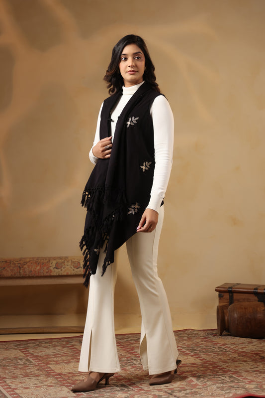 Women's Sleeveless Floral Zari Embroidery Shrug Cardigan | Black