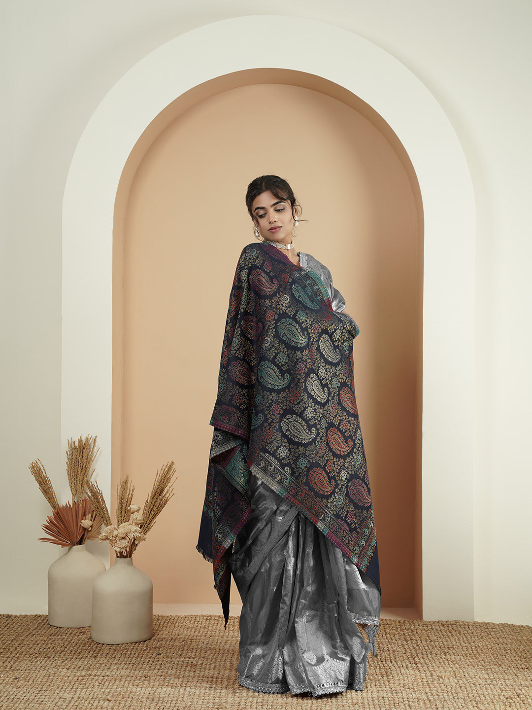 Multicolor Paisley Kani Weave with Zari Work | Navy Blue