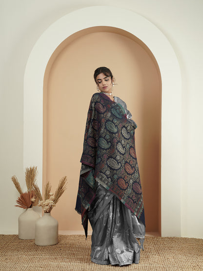 Multicolor Paisley Kani Weave with Zari Work | Navy Blue