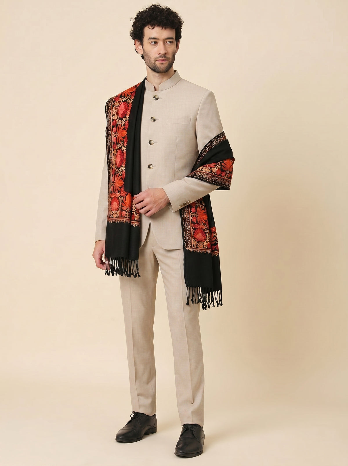 Kashmiri Aari Embroidery Woollen Stole for Men | Black - view 5