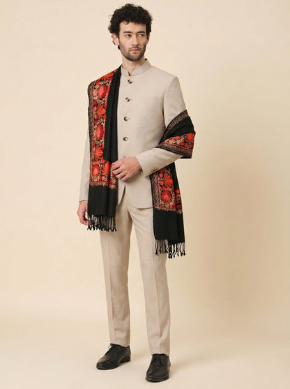 Kashmiri Aari Embroidery Woollen Stole for Men | Black - view 5