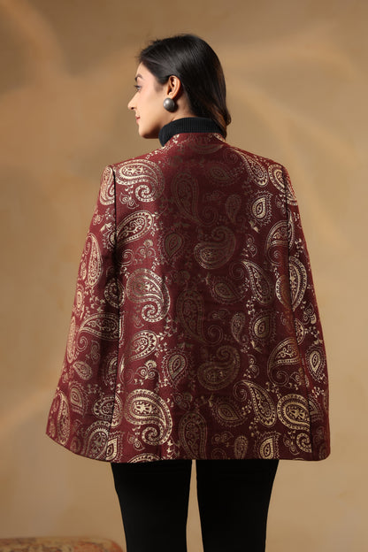Women's Designer Zari Weave Paisley Cape Jacket | Wine