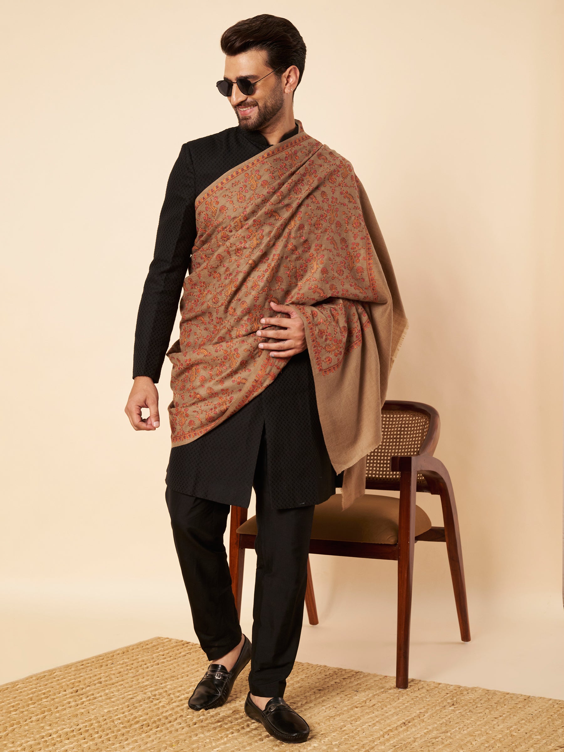 Pure Wool Shawl with All-over Multicolour Royal Paisley Sozni Embroidery - view 5