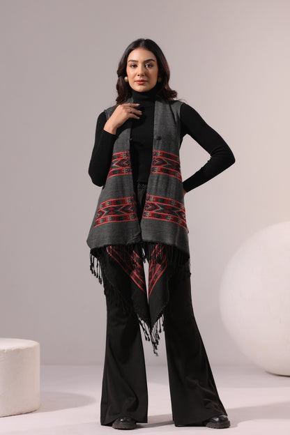 Women's Sleeveless Kullu Pattern Shrug Cardigan | Grey