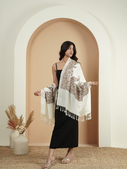 Floral Kashmiri Aari Embroidery Warm Stole with Fringed Border | White
