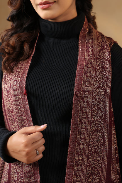 Women's Sleeveless Zari Pattern Shrug Cardigan | Wine