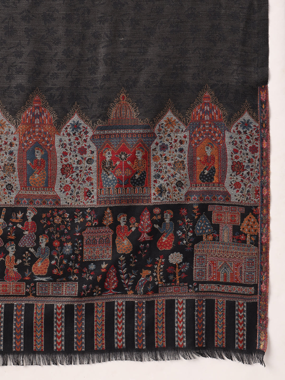 Kani Weave Pure Wool Shawl for Men with Royal Darbar Motifs Borders | Black - view 6