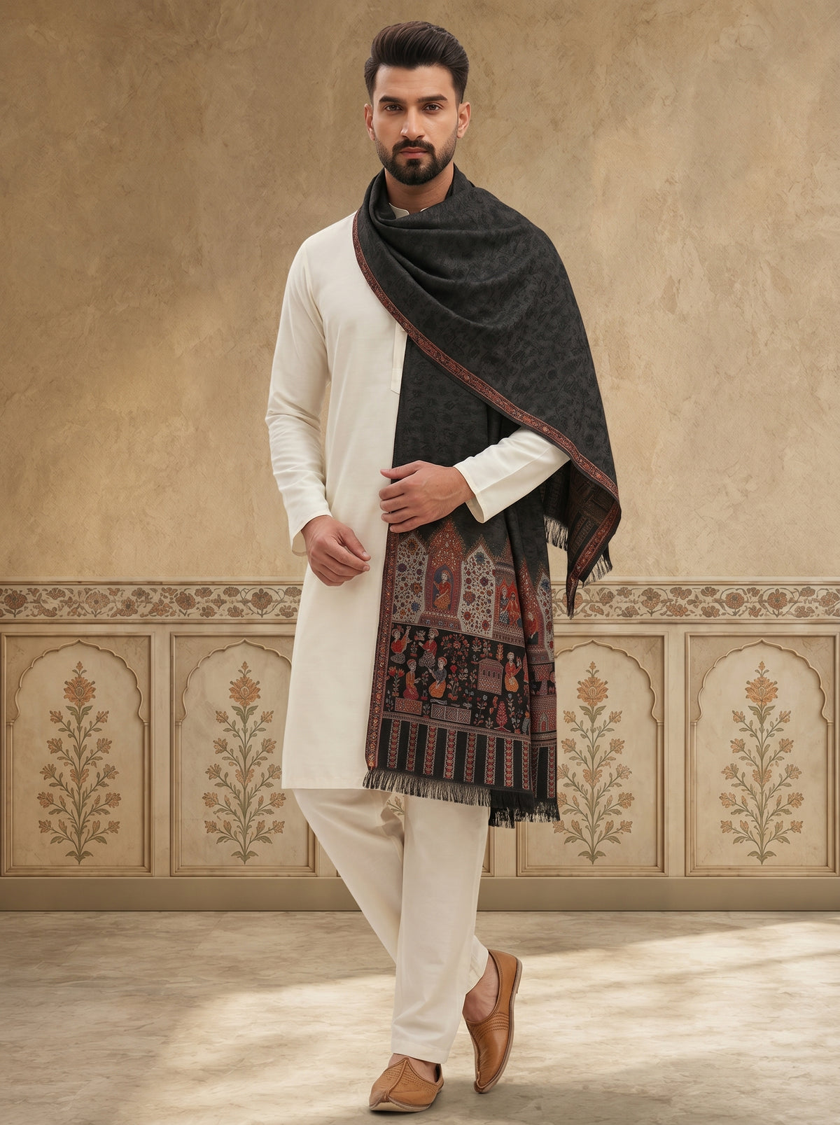 Kani Weave Pure Wool Shawl for Men with Royal Darbar Motifs Borders | Black - view 4