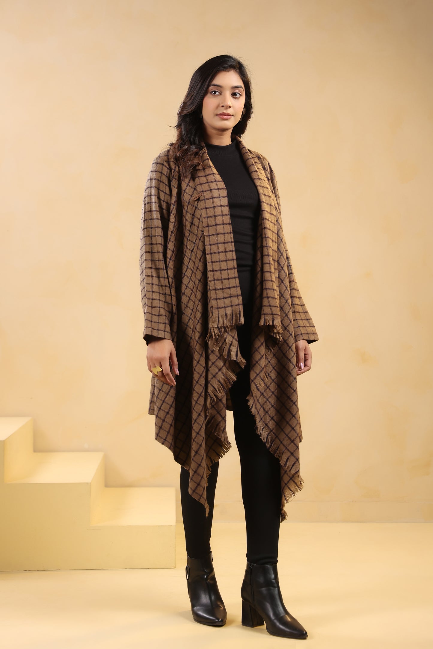 Women's Full Sleeve Woolen Checkered Shrug Cardigan | Brown Check
