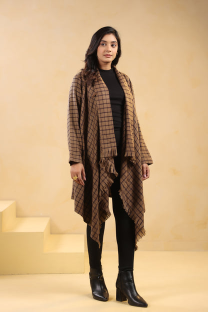 Women's Full Sleeve Woolen Checkered Shrug Cardigan | Brown Check