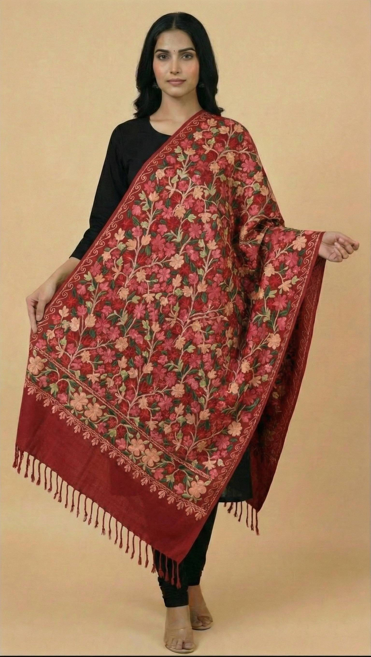 Kashmiri Aari Embroidery Woollen Stole for Women | Red