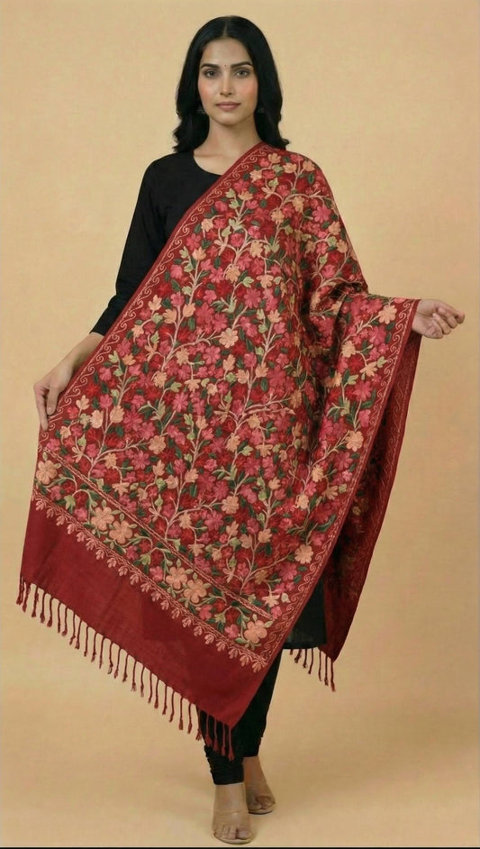 Kashmiri Aari Embroidery Woollen Stole for Women | Red