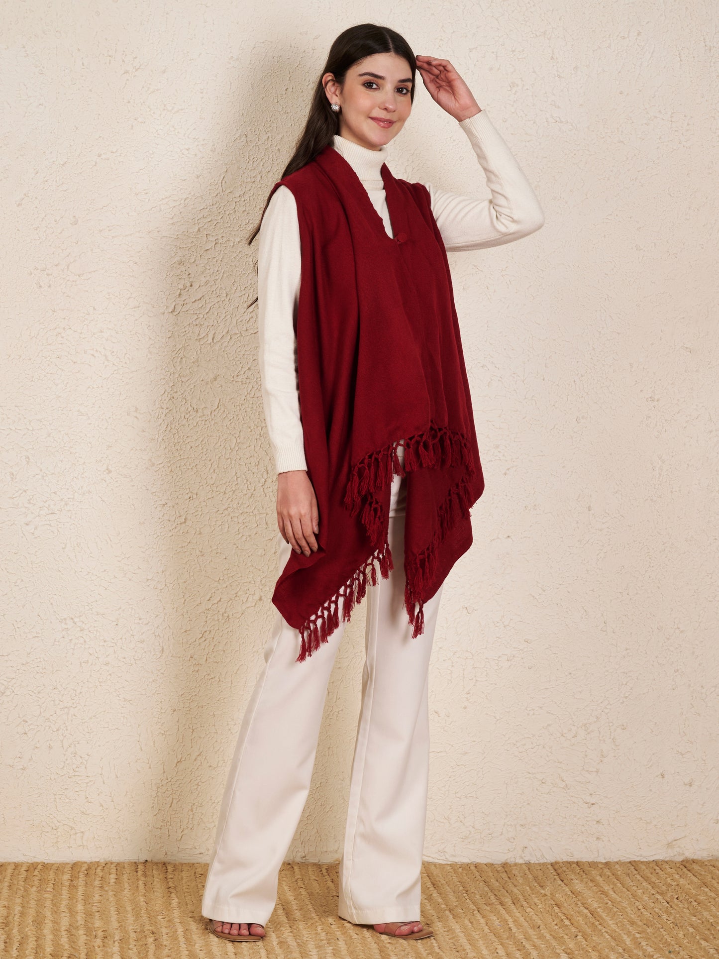 Women's Sleeveless Plain Shrug Cardigan | Maroon