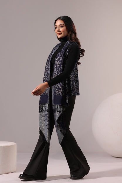 Women's Sleeveless Zari Pattern Shrug Cardigan | Navy Blue