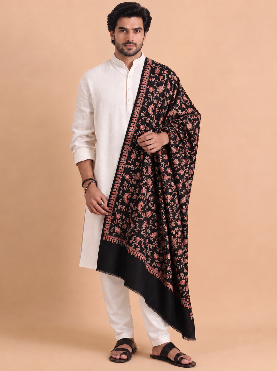 Kashmiri Sozni Floral Embroidery Shawl for Men | Black