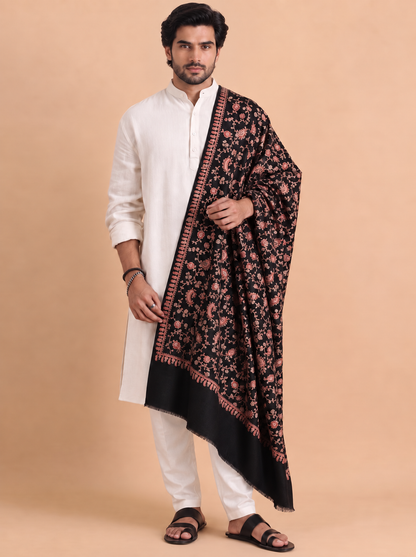 Kashmiri Sozni Floral Embroidery Shawl for Men | Black