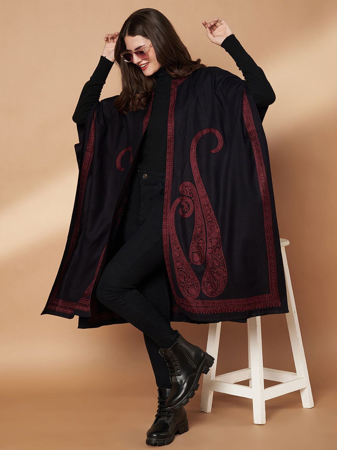 Paisley Embroidery Black and Wine Pheran Shrug