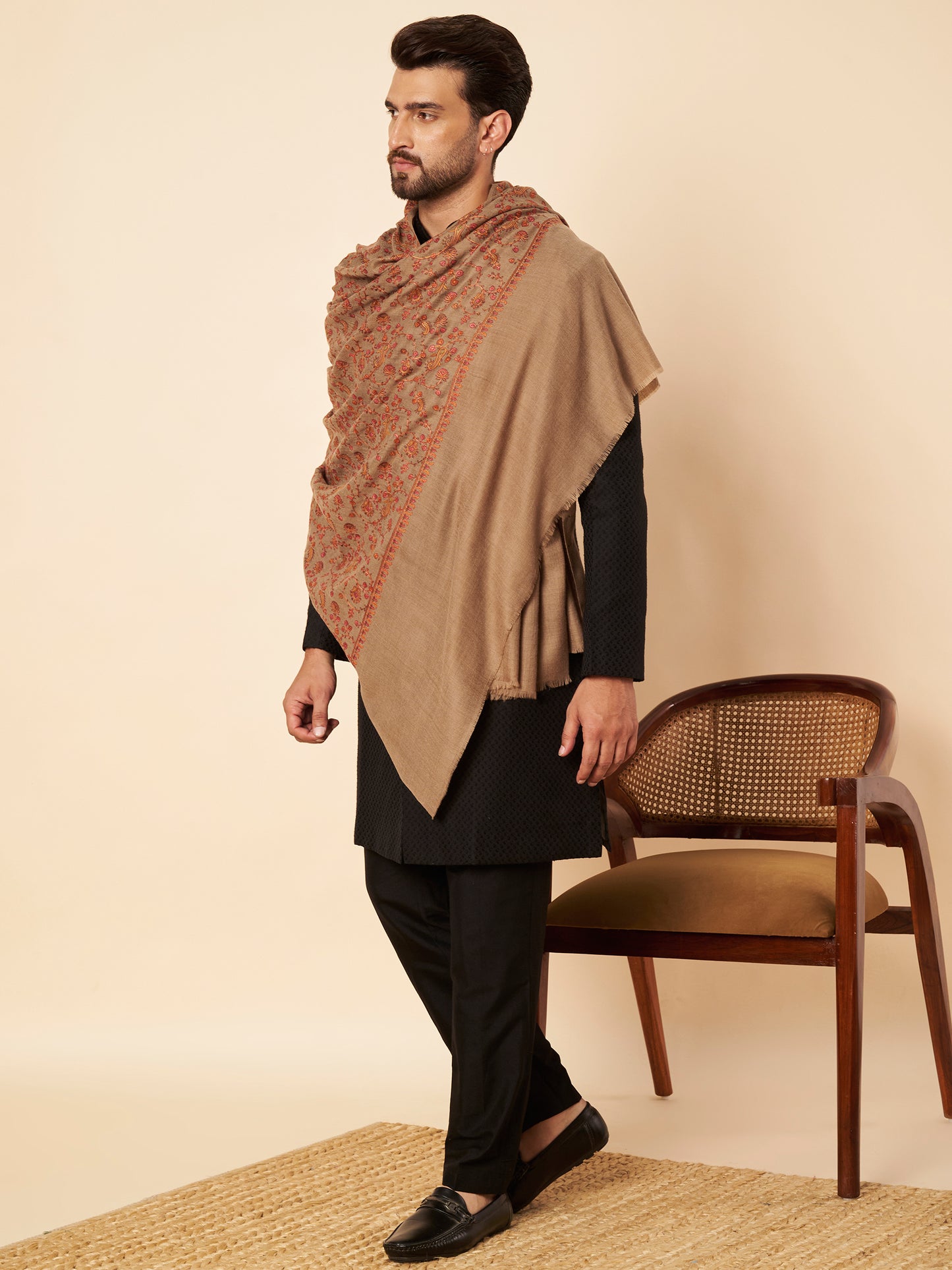 Pure Wool Shawl with All-over Multicolour Royal Paisley Sozni Embroidery - view 4