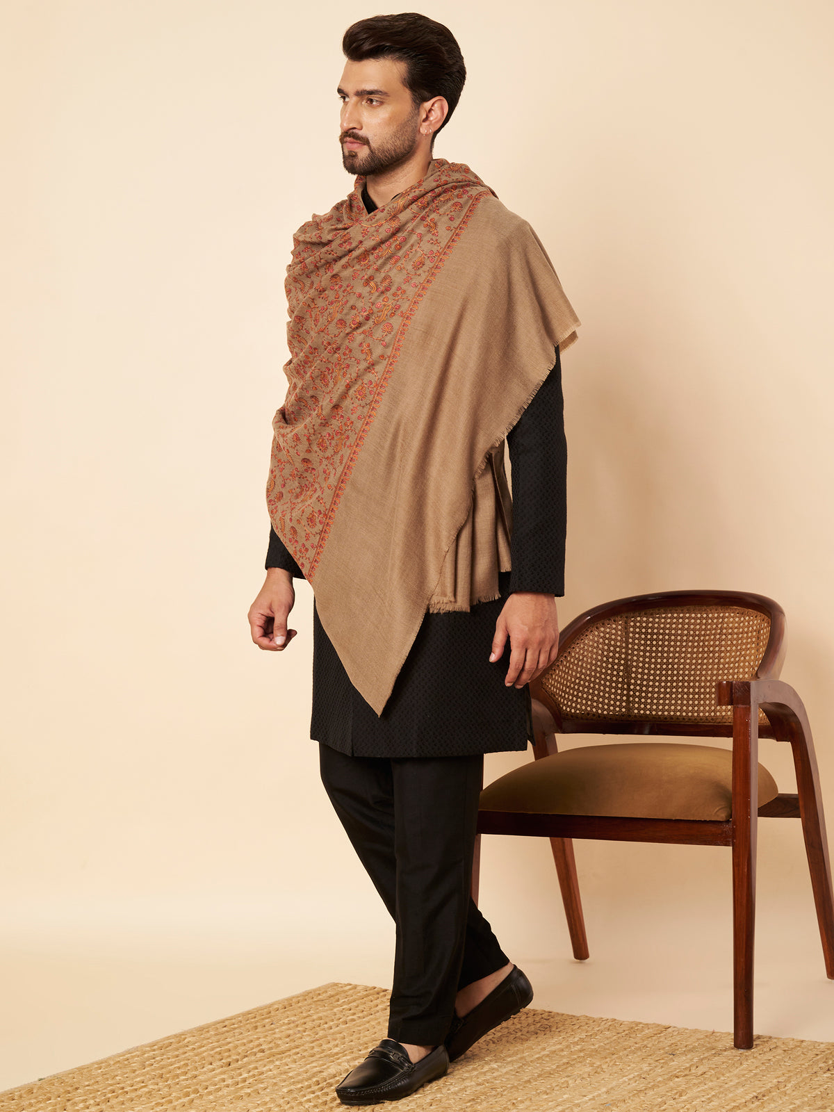 Pure Wool Shawl with All-over Multicolour Royal Paisley Sozni Embroidery - view 4