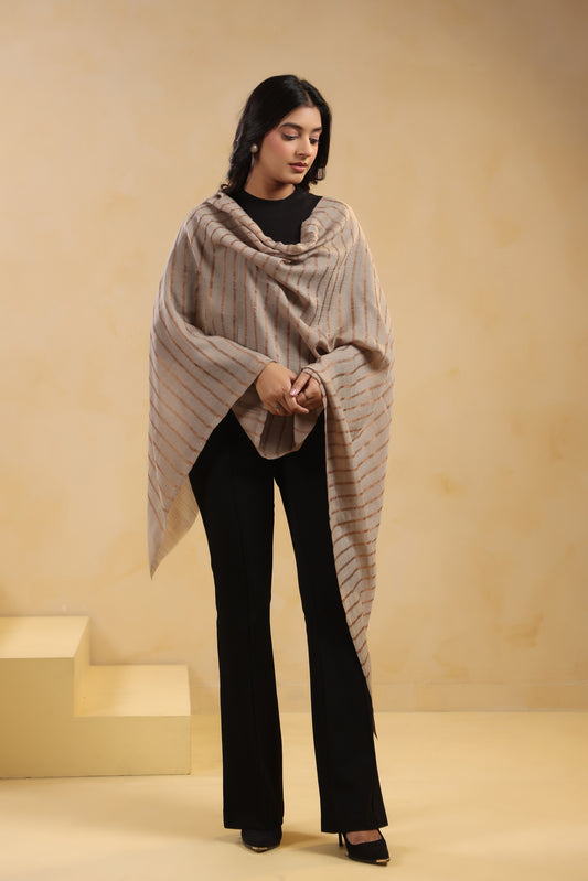 Fine Wool Horizontal Zari Stripes Stole | Beige