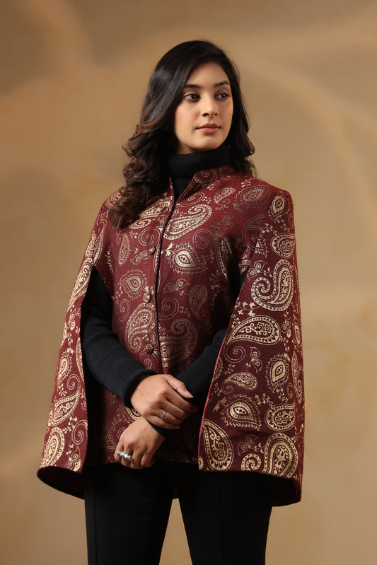 Women's Designer Zari Weave Paisley Cape Jacket | Wine