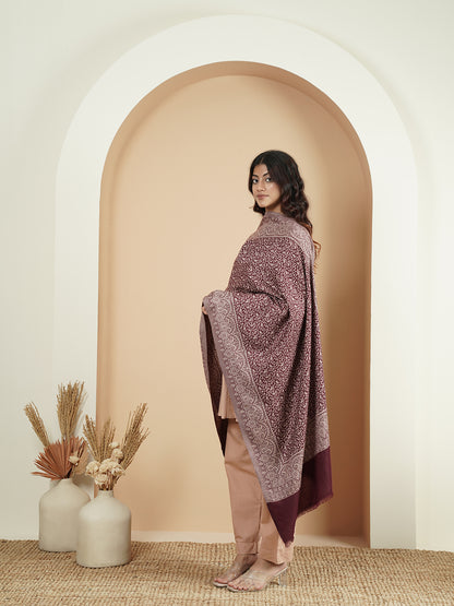 Floral All-over Kani Weave Woolen Stole with Paisley Border | Maroon