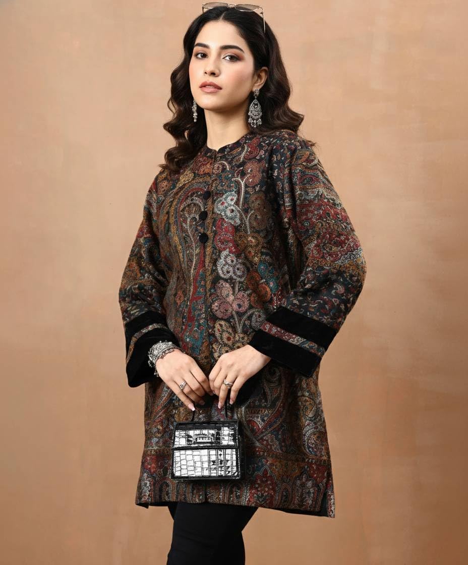Women's Kaani Woven Winter Kurta | Black - view 4