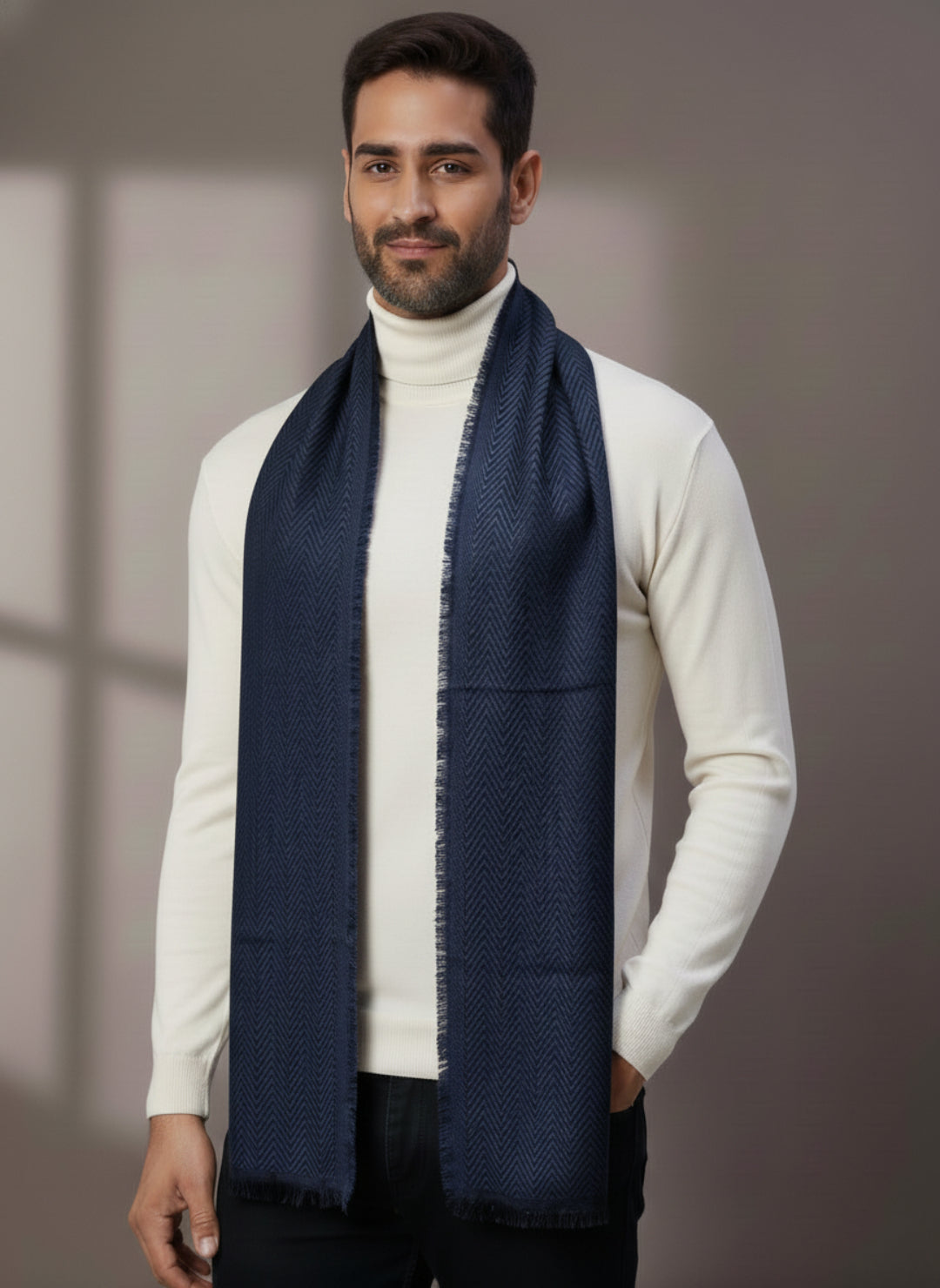Soft Woollen Muffler for Men | Navy Blue Zigzag Scarf