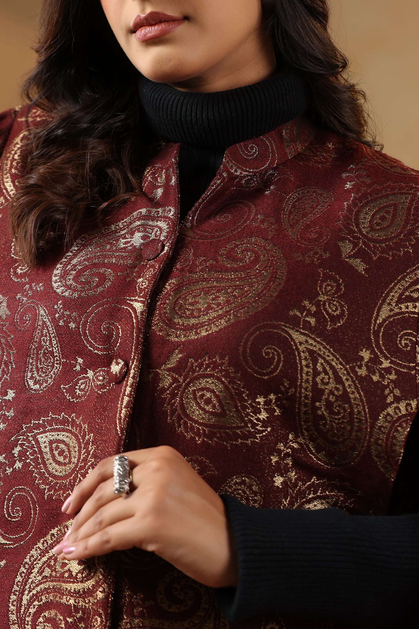 Women's Designer Zari Weave Paisley Cape Jacket | Wine