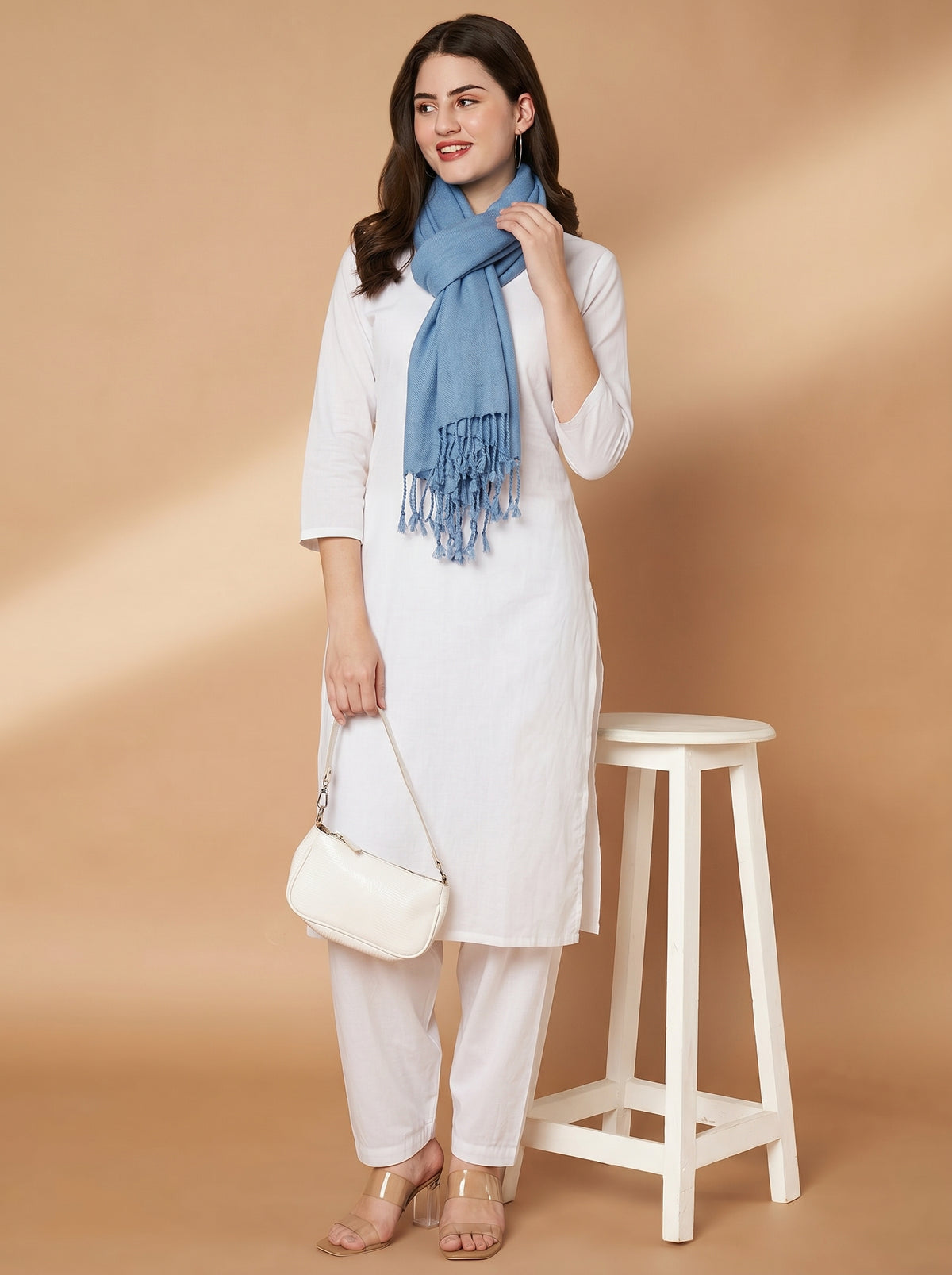 Plain Dark Sky Blue Woolen Stole for Women | Dark Sky Blue - view 6