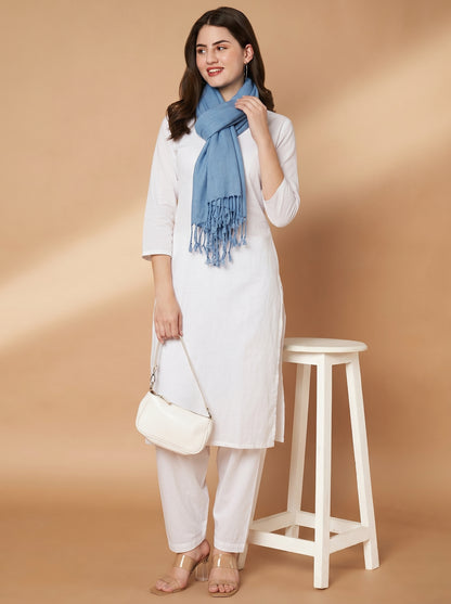 Plain Dark Sky Blue Woolen Stole for Women | Dark Sky Blue - view 6