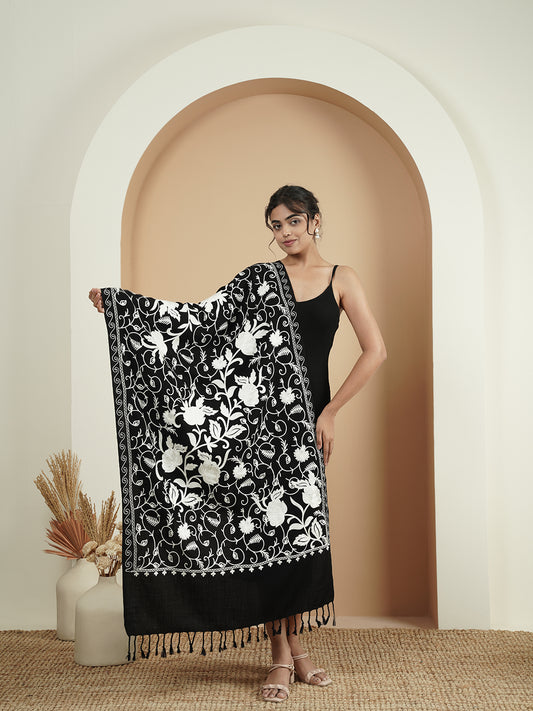 Floral Kashmiri Jaal Embroidery Warm Stole with Fringed Border | Black