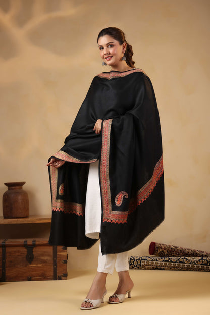 Kashmiri Sozni Zari Embroidery Shawl | Black