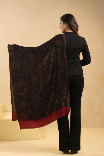 Fine Wool Black Zari Design Stole with Red Border