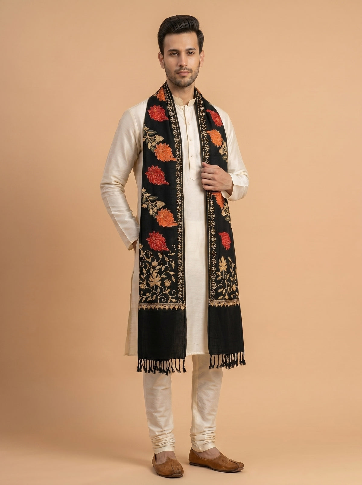 Kashmiri Aari Embroidery Woollen Stole for Men | Black - view 3