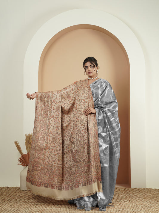 Warm Faux Pashmina Floral Jacquard Woven Jamawar Shawl (Beige)
