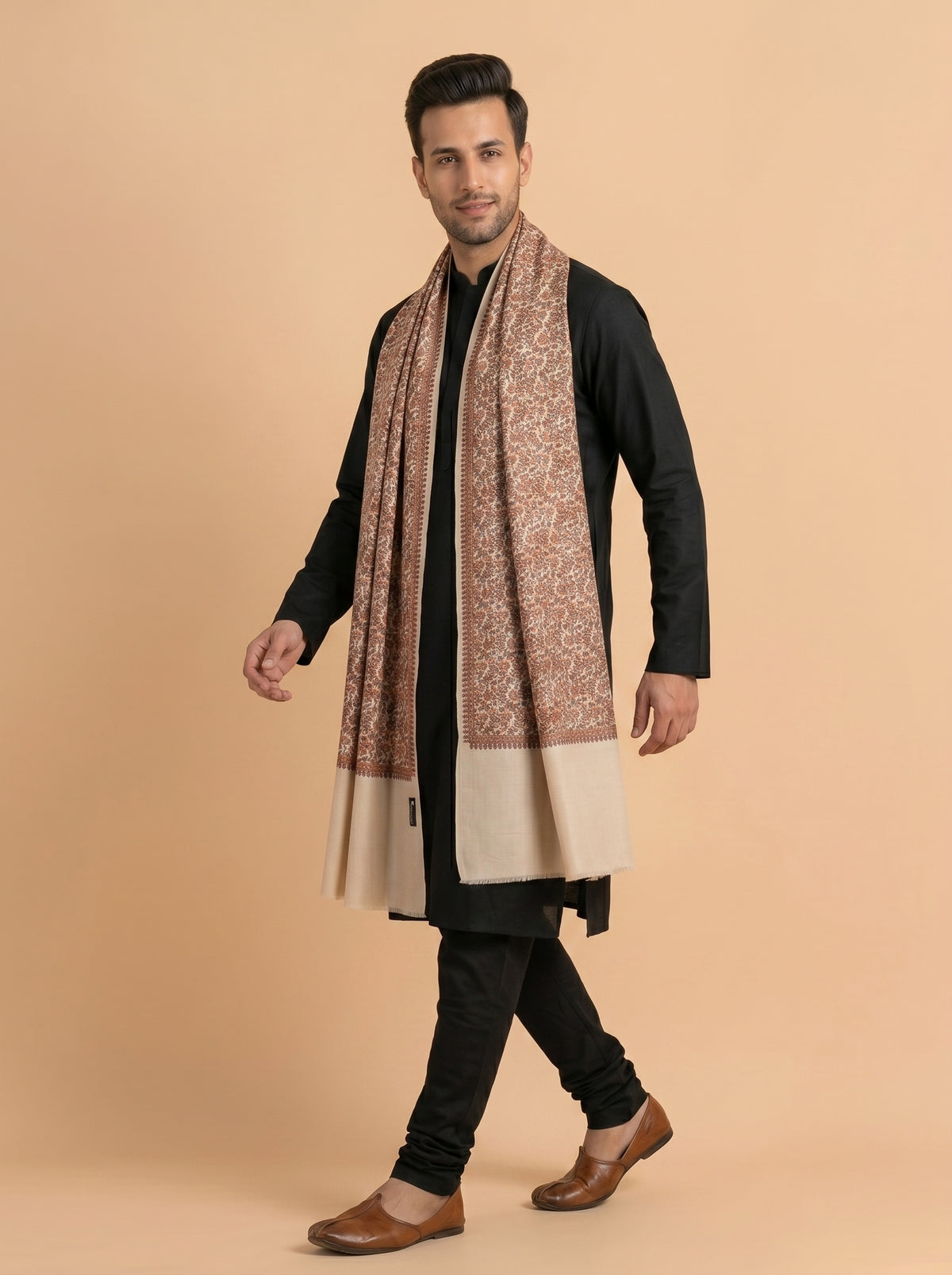 Kashmiri Sozni Jaal Embroidery Shawl for Men | Beige - view 3