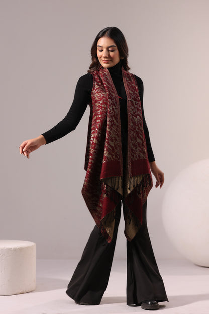 Women's Sleeveless Zari Pattern Shrug Cardigan | Maroon