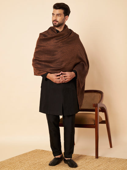 Fine Wool Solid Self Design Zari Stole | Brown