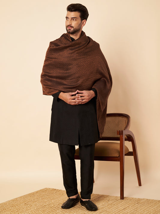 Fine Wool Solid Self Design Zari Stole | Brown