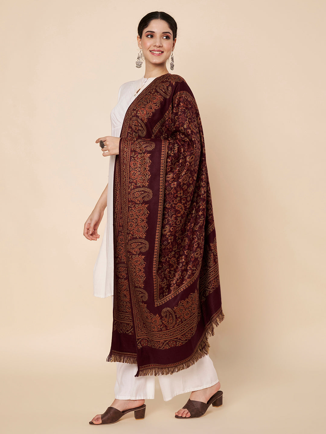 Woollen Kani Shawl with Traditional Kashmiri Floral & Paisley Woven Design | Maroon