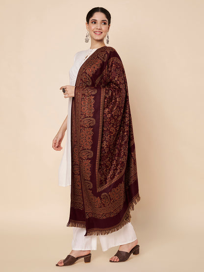Woollen Kani Shawl with Traditional Kashmiri Floral & Paisley Woven Design | Maroon