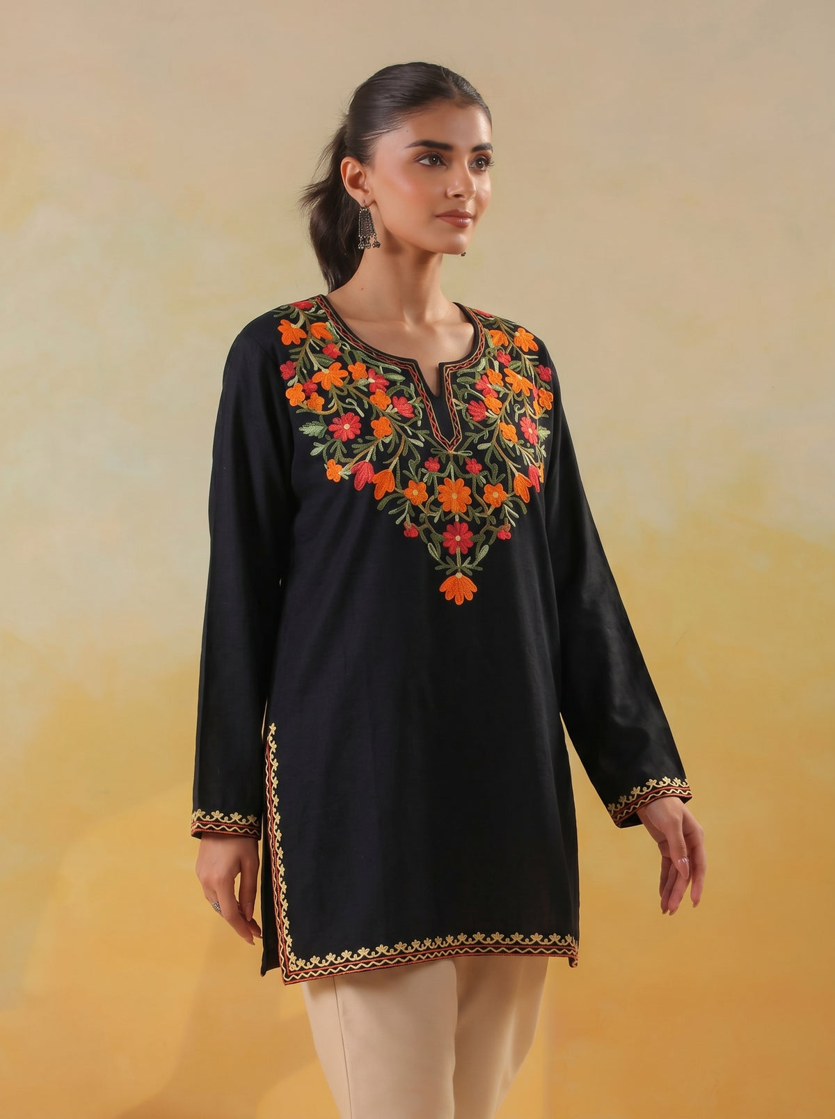 Women's Aari Floral Embroidered Woollen Kurta | Black - view 4