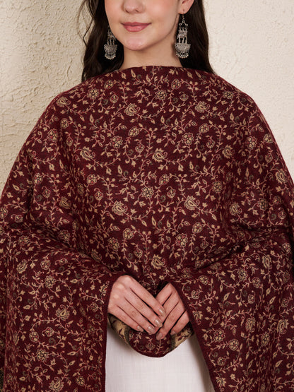 Woolen Kani Shawl with Intricate Kashmiri Paisley & Floral Woven Design (Maroon)