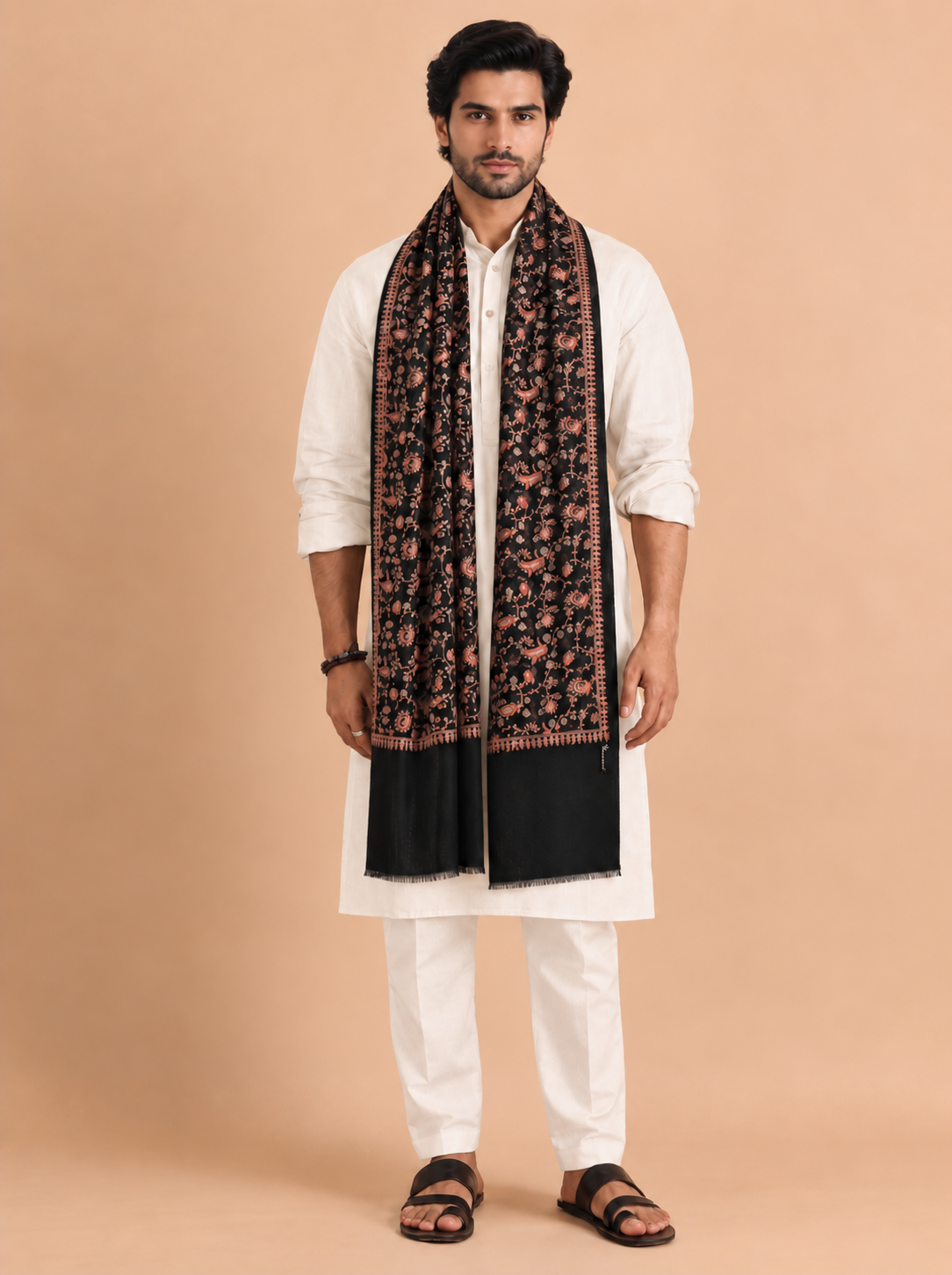 Kashmiri Sozni Floral Embroidery Shawl for Men | Black - view 2