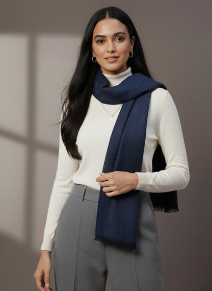Soft Woollen Muffler for Women | Navy Blue Zigzag Scarf