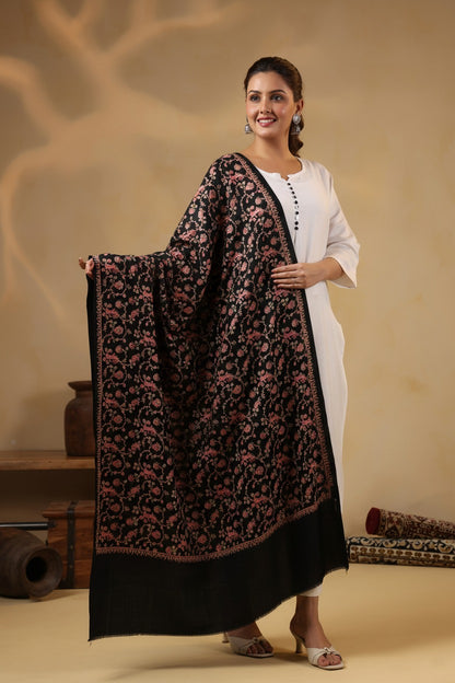 Kashmiri Sozni Floral Embroidery Shawl | Black